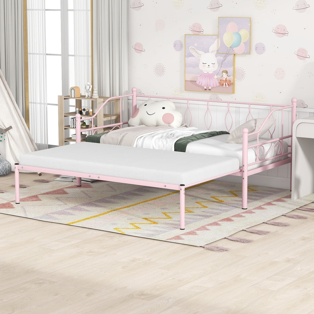 Twin Size Metal Daybed with Trundle, Daybed with Slat No Box required