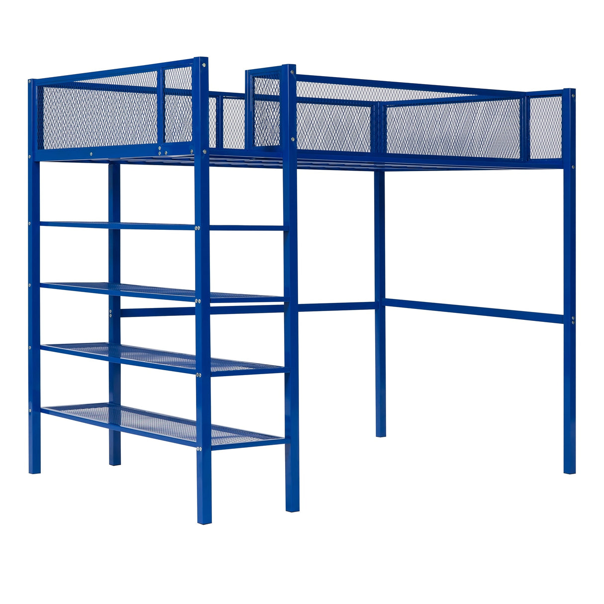 Twin Size Metal Loft Bed with 4-Tier Shelves and Storage
