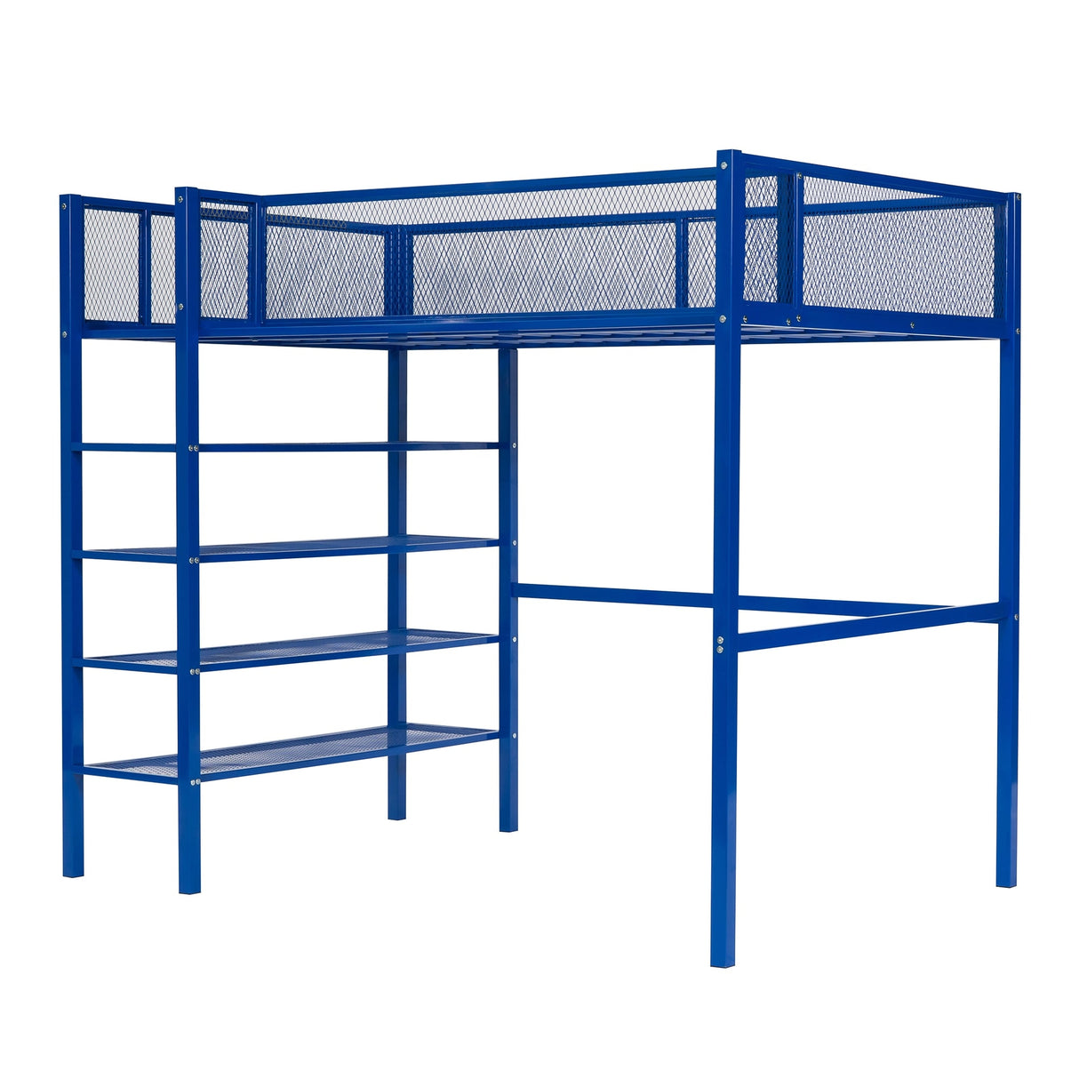 Twin Size Metal Loft Bed with 4-Tier Shelves and Storage