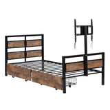 Twin Size Metal Platform Bed with Drawers and Rotatable TV Stand