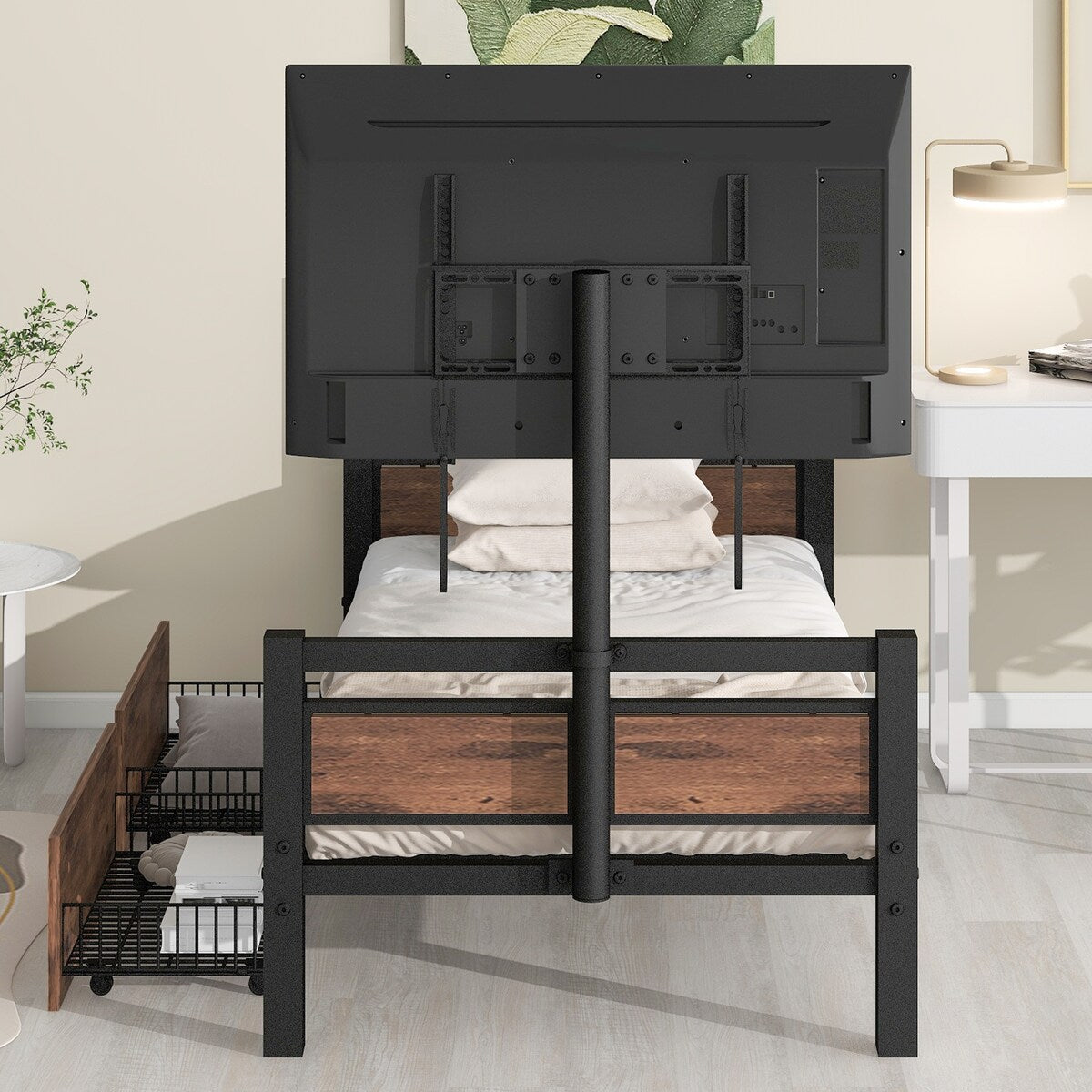 Twin Size Metal Platform Bed with Rotatable TV Stand