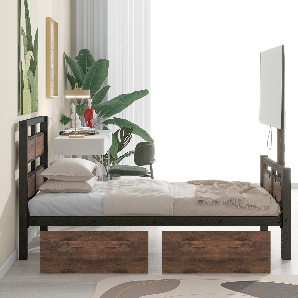 Twin Size Metal Platform Bed with Rotatable TV Stand