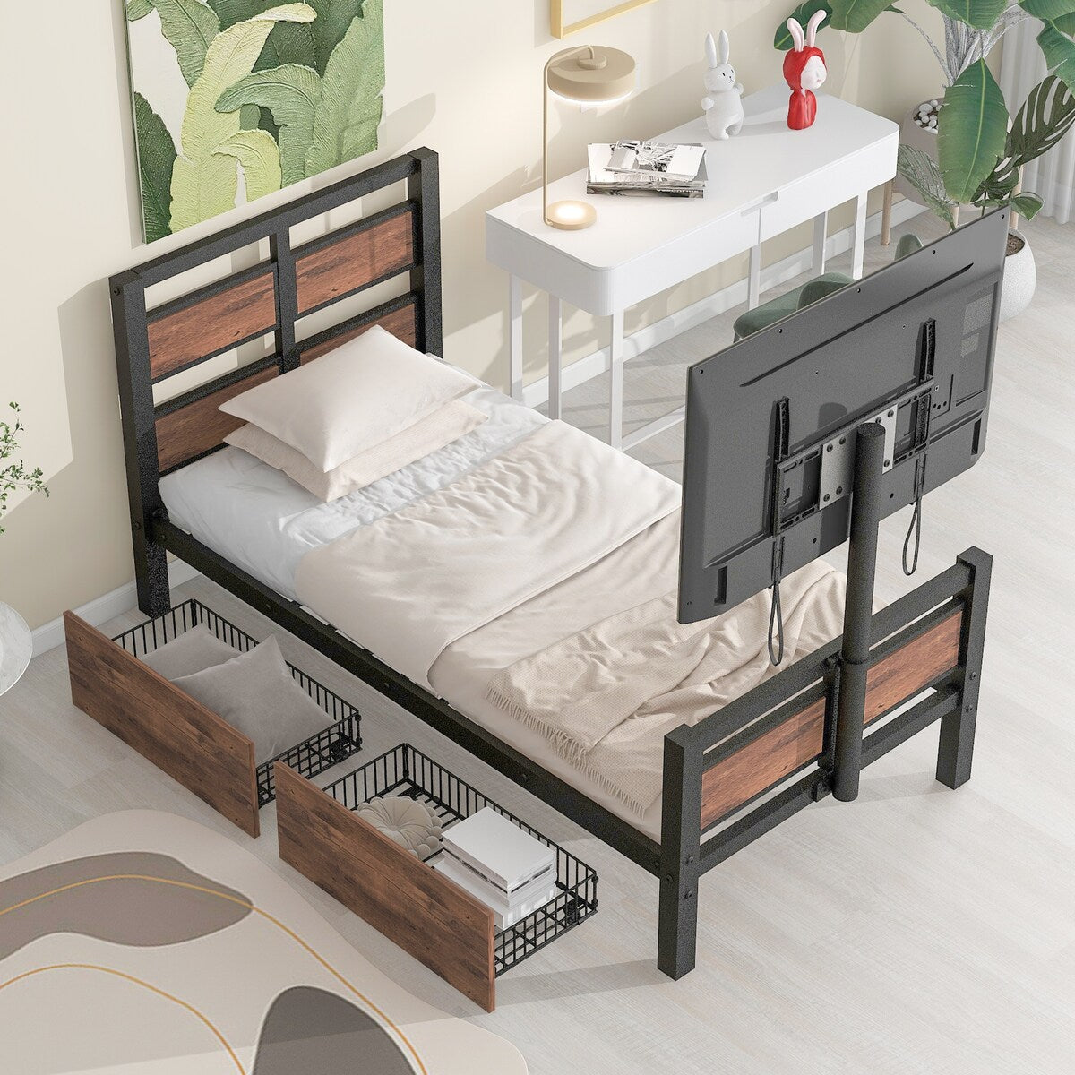 Twin Size Metal Platform Bed with Rotatable TV Stand