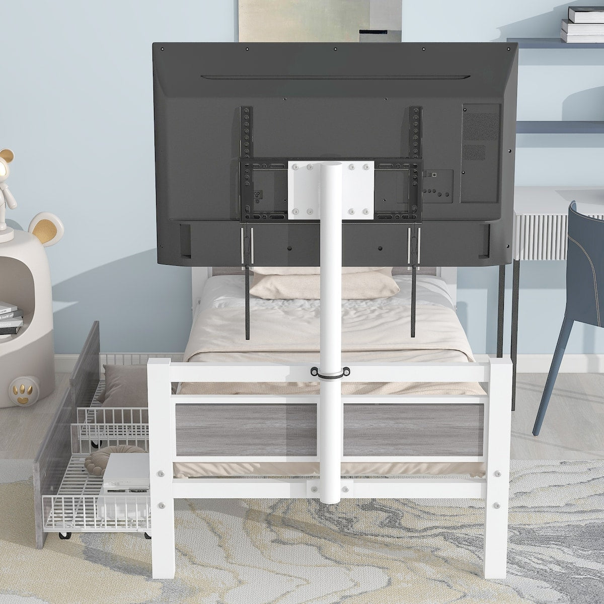Twin Size Metal Platform Bed with Rotatable TV Stand