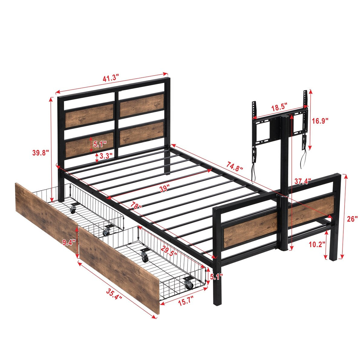 Twin Size Metal Platform Bed with Rotatable TV Stand