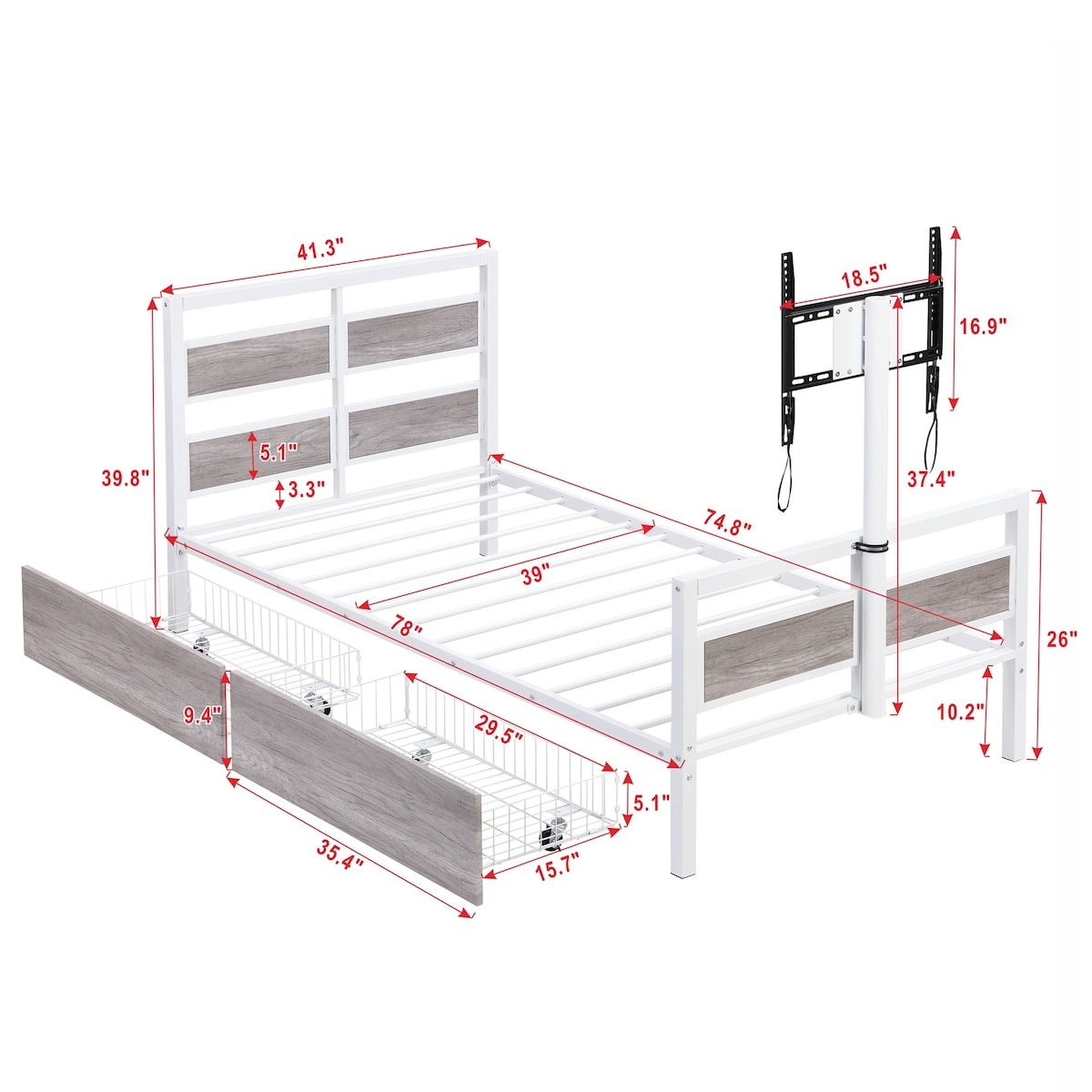 Twin Size Metal Platform Bed with Rotatable TV Stand