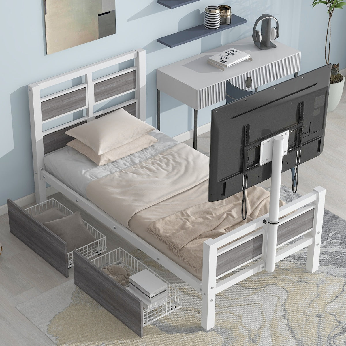 Twin Size Metal Platform Bed with Rotatable TV Stand