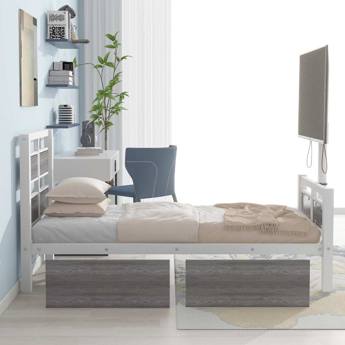 Twin Size Metal Platform Bed with Rotatable TV Stand