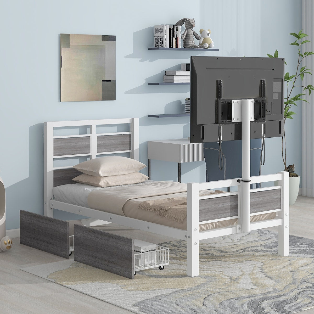 Twin Size Metal Platform Bed with Rotatable TV Stand