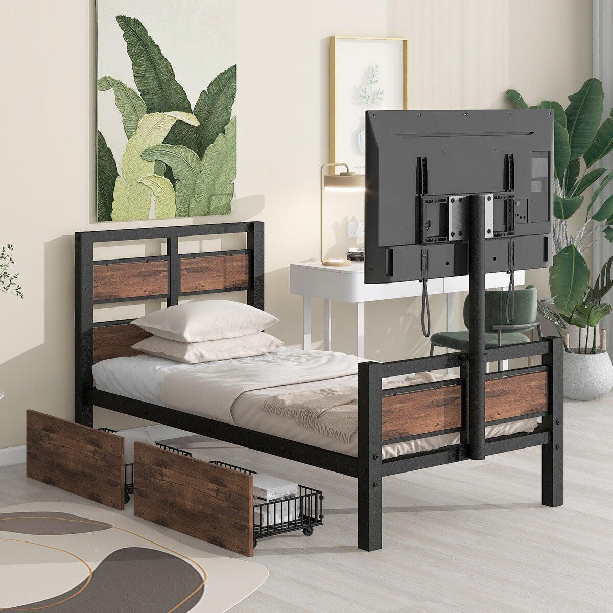 Twin Size Metal Platform Bed with Rotatable TV Stand
