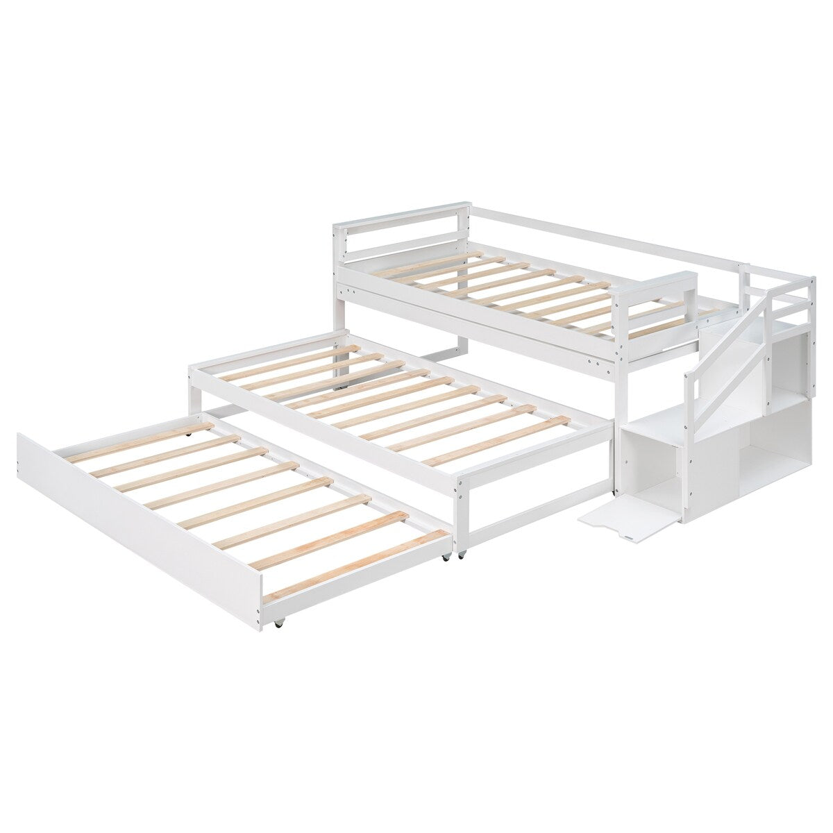 Twin Size Multi-Function Daybed w/Double Trundle,Flexible Desk & Storage Staircase,Wooden Daybed for Kids