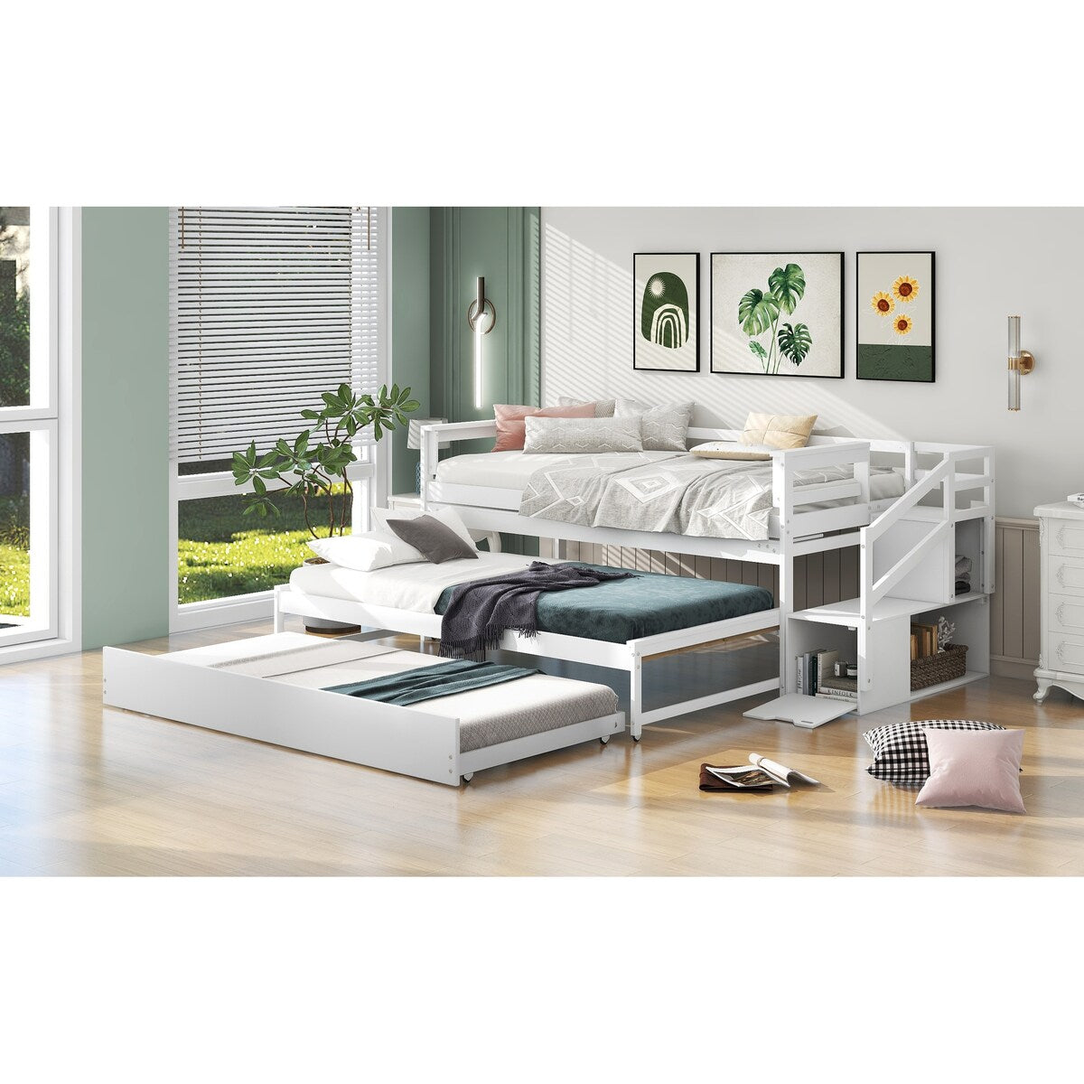 Twin Size Multi-Function Daybed w/Double Trundle,Flexible Desk & Storage Staircase,Wooden Daybed for Kids