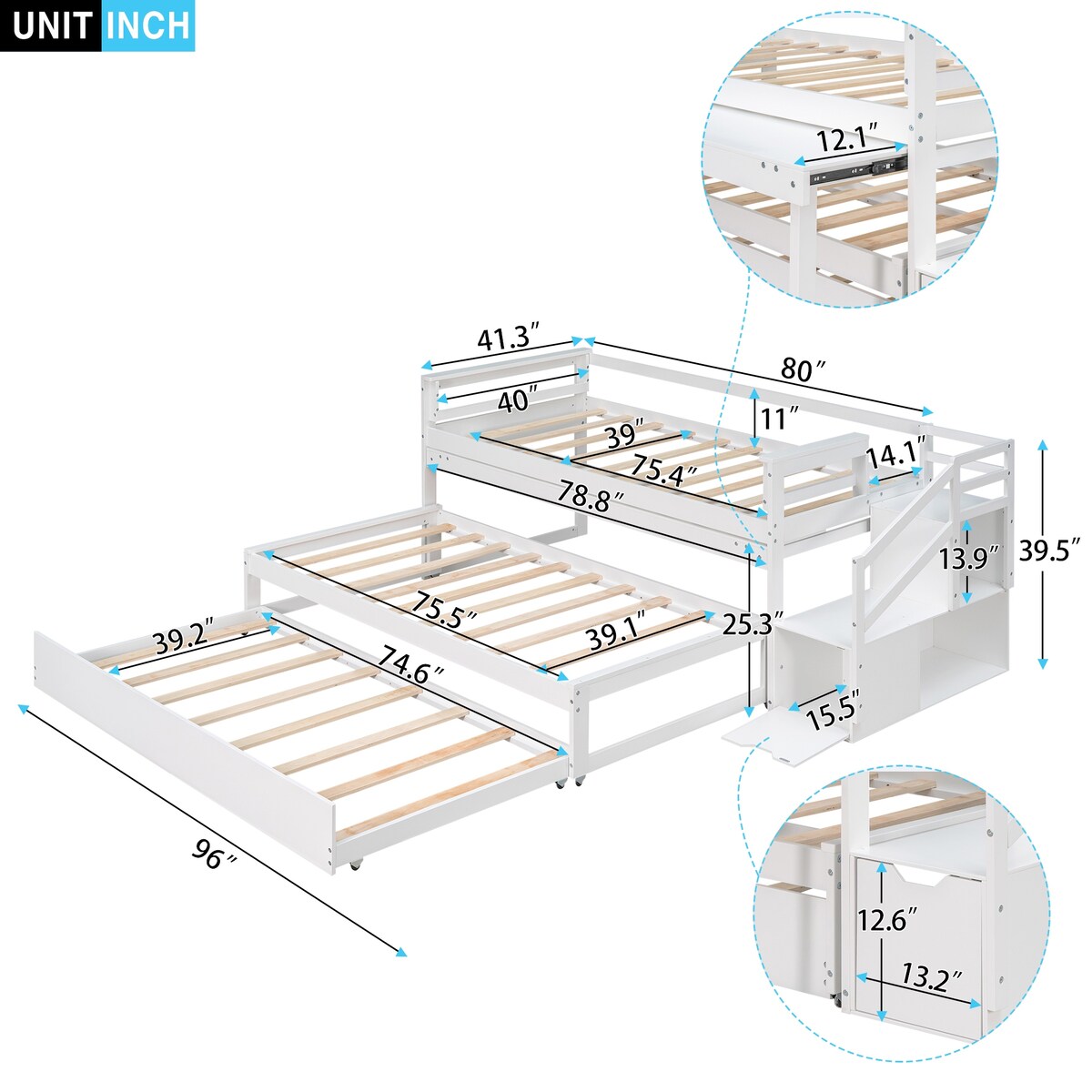 Twin Size Multi-Function Daybed w/Double Trundle,Flexible Desk & Storage Staircase,Wooden Daybed for Kids
