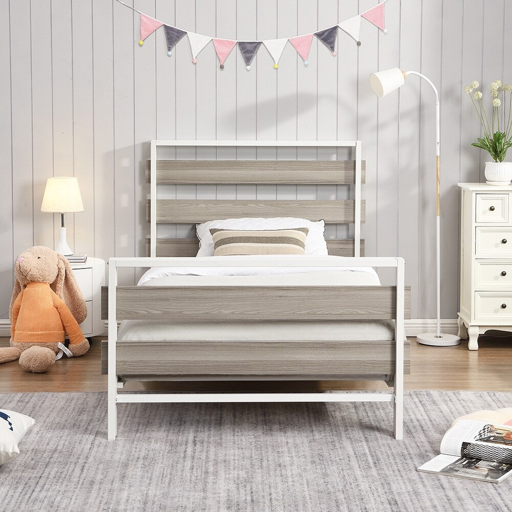 Twin Size Platform Bed Frame with Wooden Headboard and Metal Slats