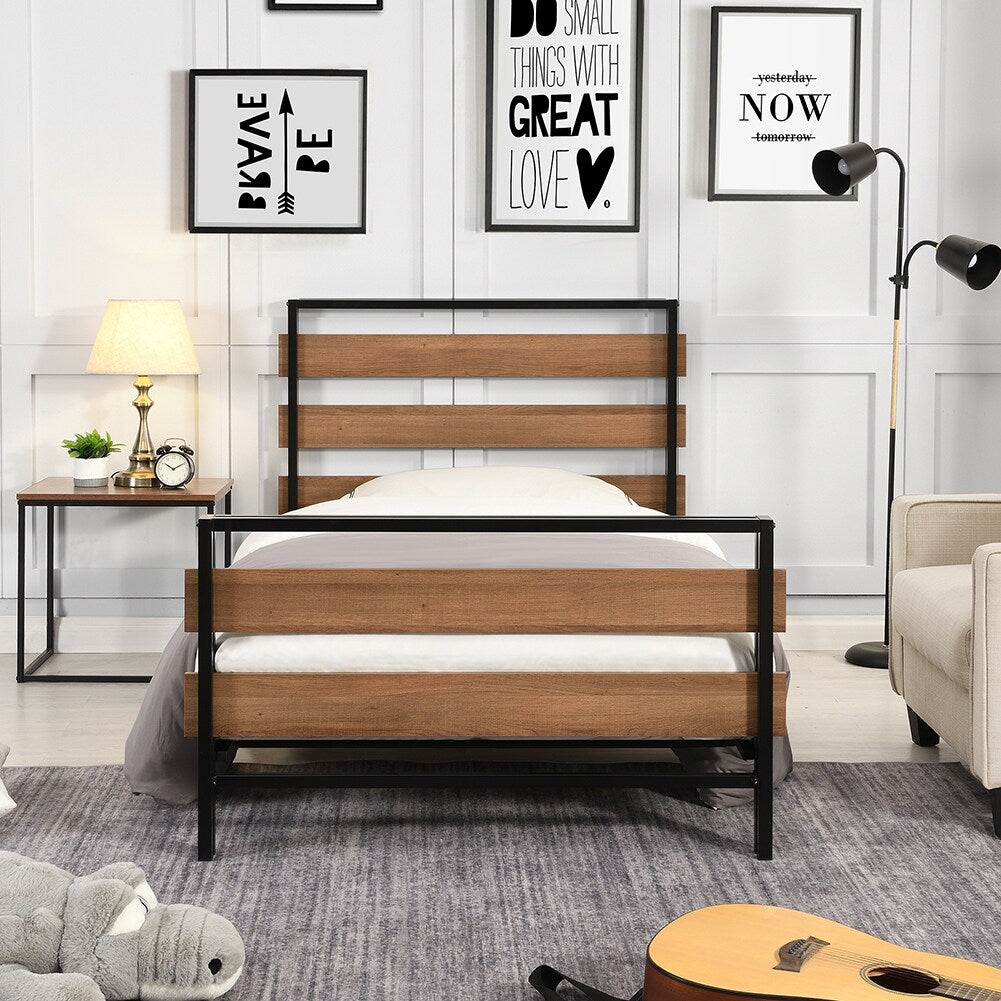 Twin Size Platform Bed Frame with Wooden Headboard and Metal Slats