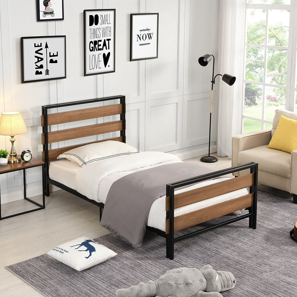 Twin Size Platform Bed Frame with Wooden Headboard and Metal Slats