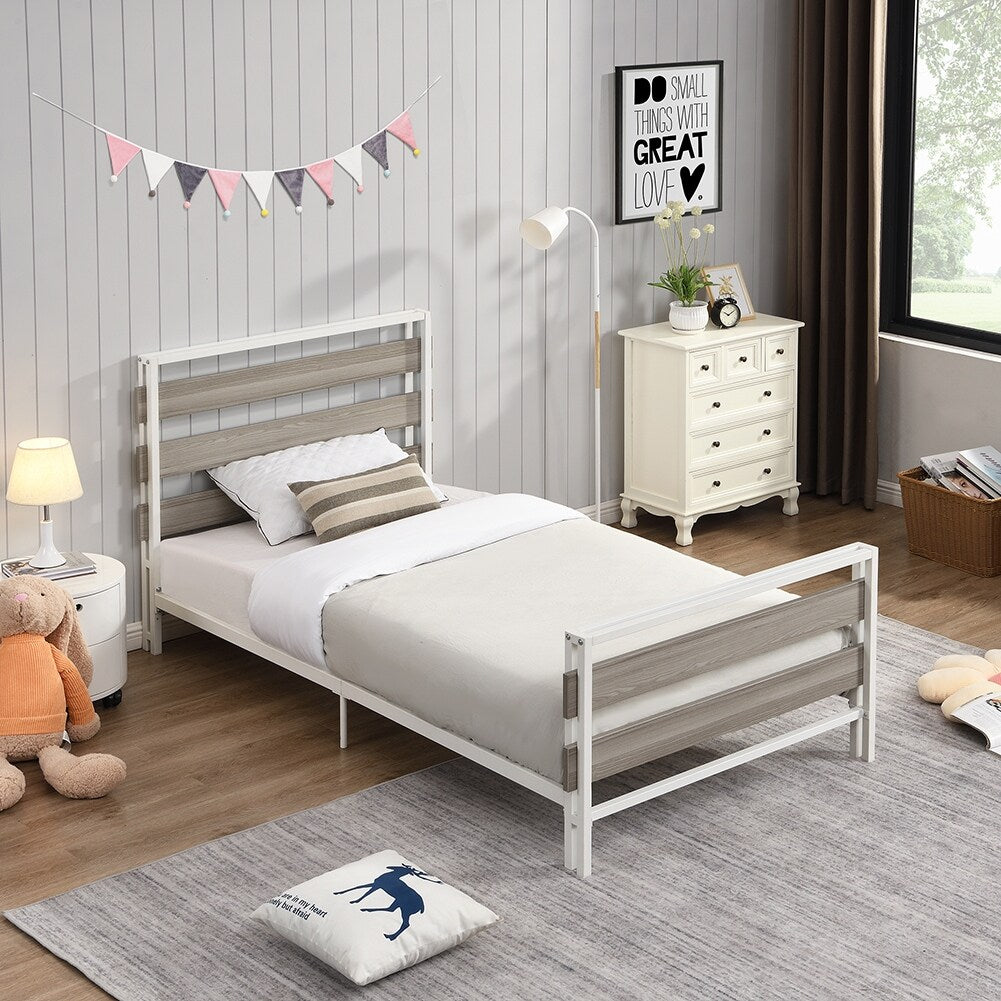 Twin Size Platform Bed Frame with Wooden Headboard and Metal Slats
