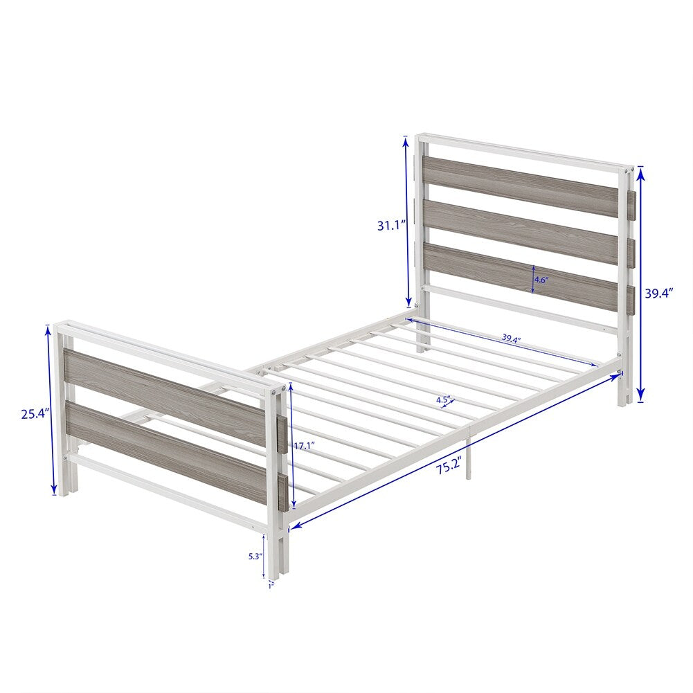 Twin Size Platform Bed Frame with Wooden Headboard and Metal Slats