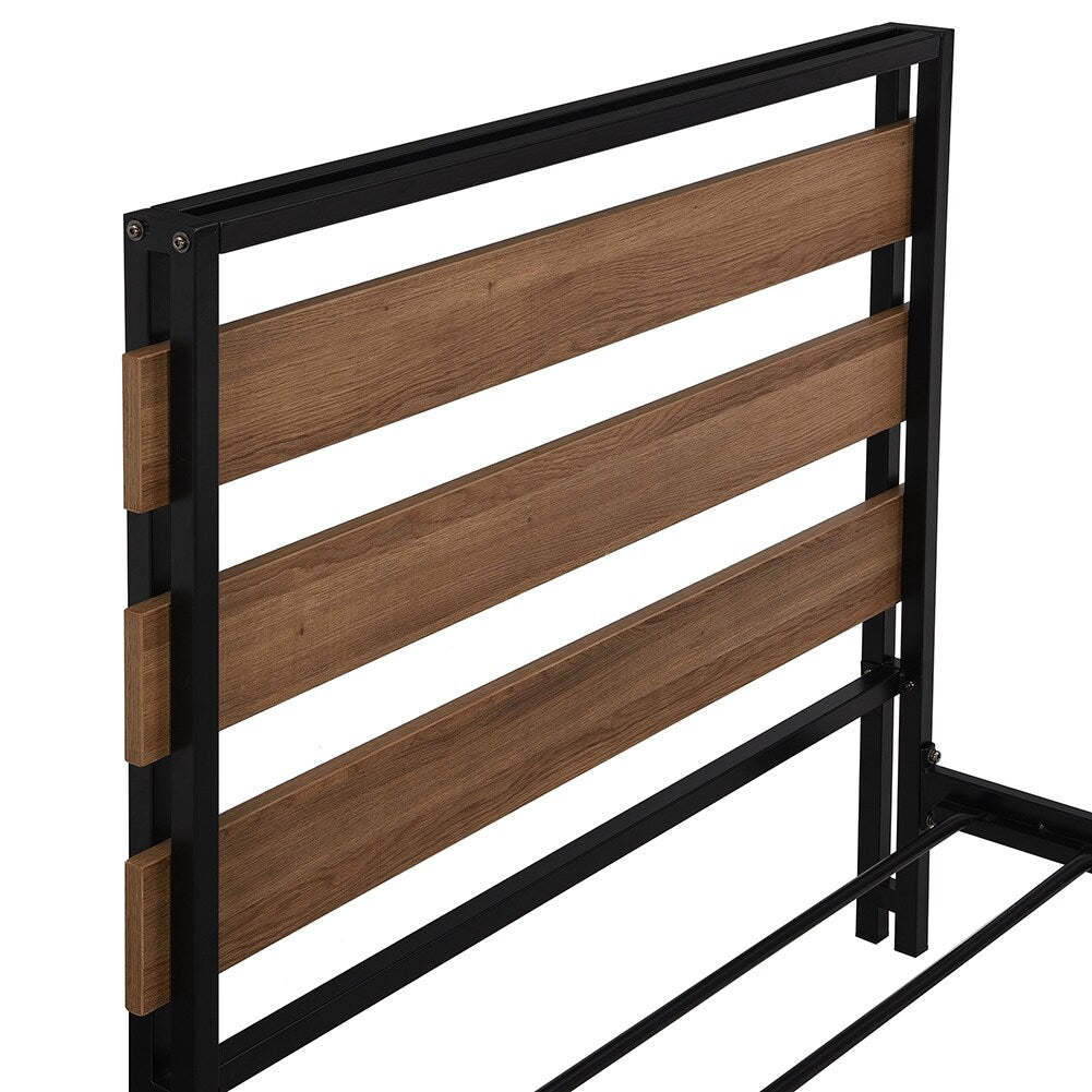 Twin Size Platform Bed Frame with Wooden Headboard and Metal Slats