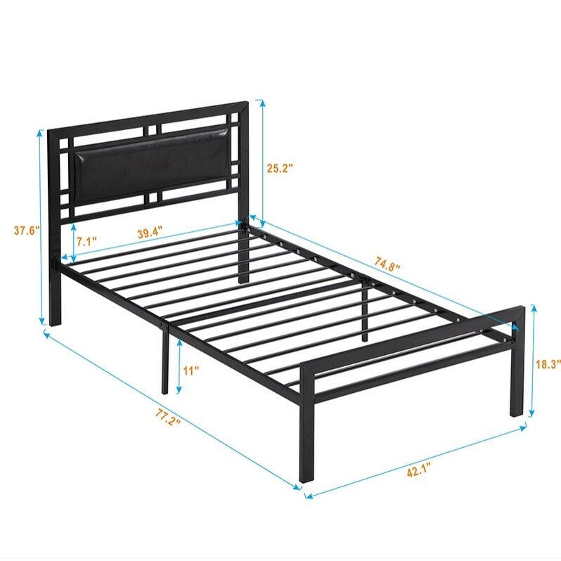 Twin Size Platform Bed Metal Frame Square Headboard Modern Sturdy