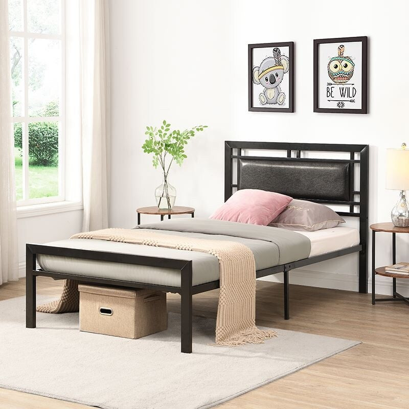 Twin Size Platform Bed Metal Frame Square Headboard Modern Sturdy