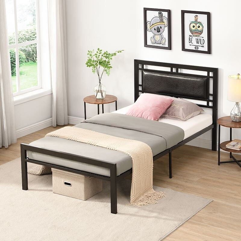 Twin Size Platform Bed Metal Frame Square Headboard Modern Sturdy