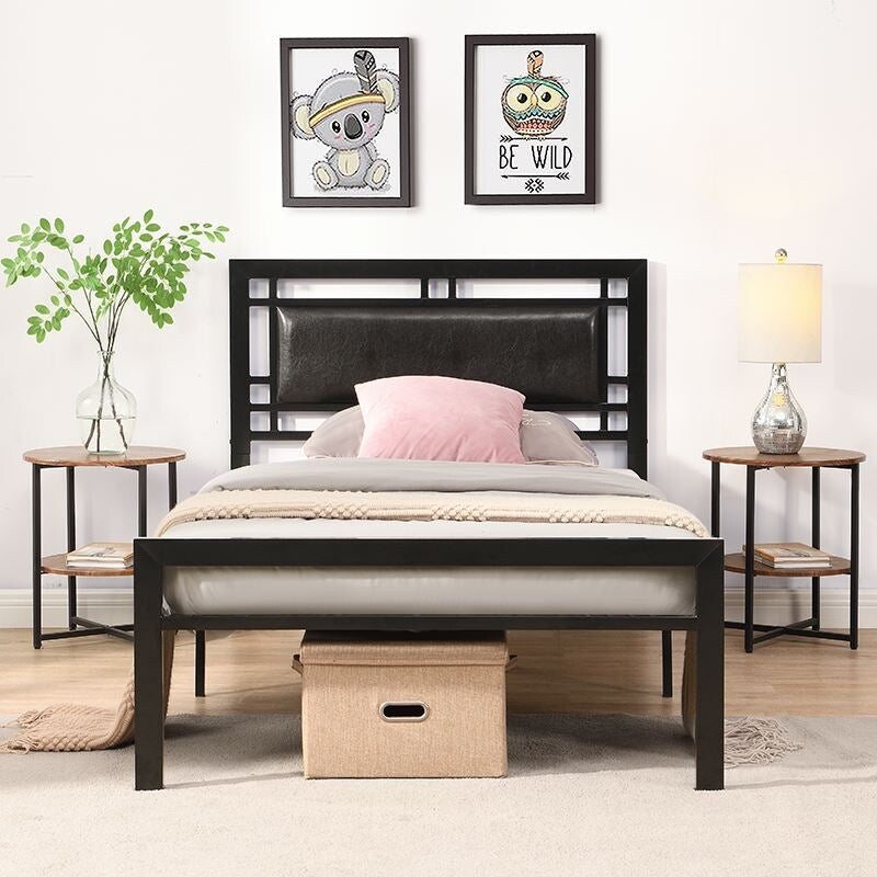 Twin Size Platform Bed Metal Frame Square Headboard Modern Sturdy