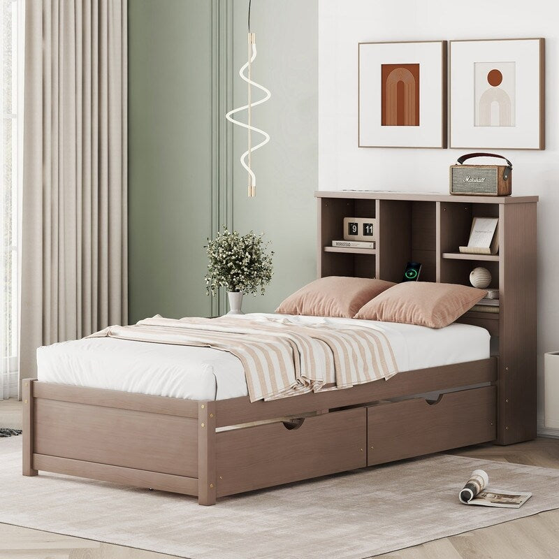 Twin Size Platform Bed With USB Port,Bookcase and 2 Drawers