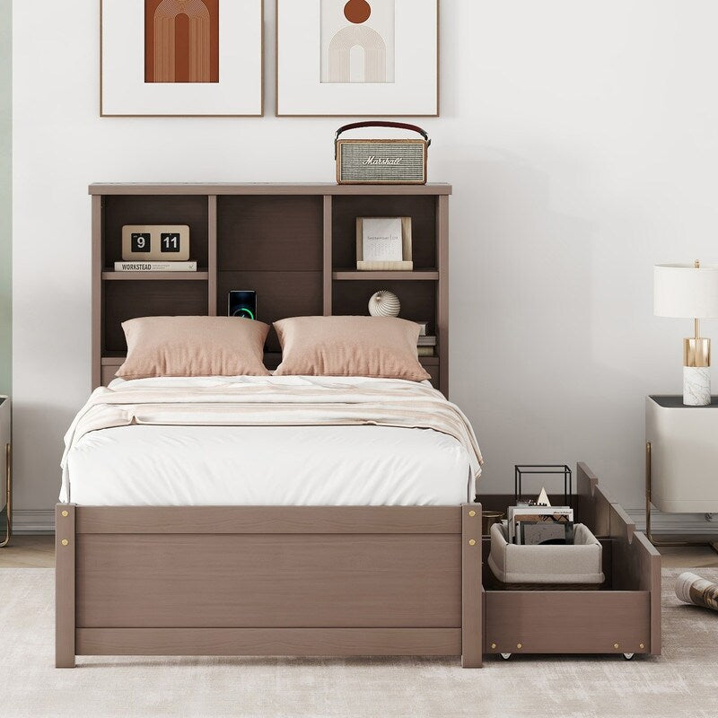 Twin Size Platform Bed With USB Port,Bookcase and 2 Drawers