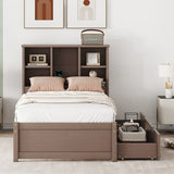 Twin Size Platform Bed With USB Port,Bookcase and 2 Drawers