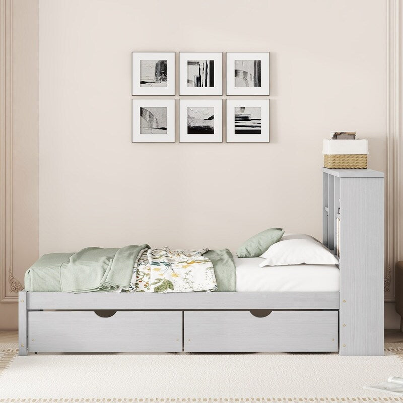 Twin Size Platform Bed With USB Port,Bookcase and 2 Drawers