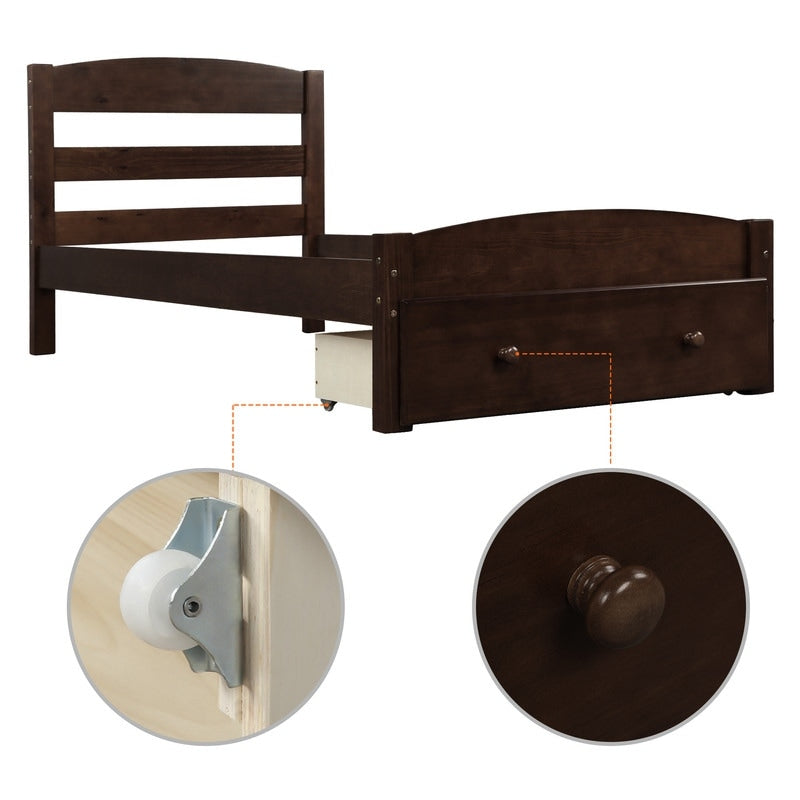 Twin Size Platform Bed with Large Storage Drawer, Solid Wood Bed with Wood Slat Support, No Box Spring Needed, Espresso