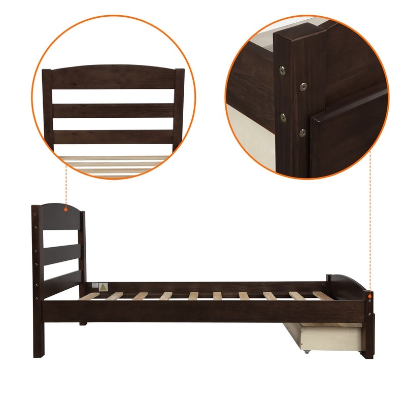 Twin Size Platform Bed with Large Storage Drawer, Solid Wood Bed with Wood Slat Support, No Box Spring Needed, Espresso