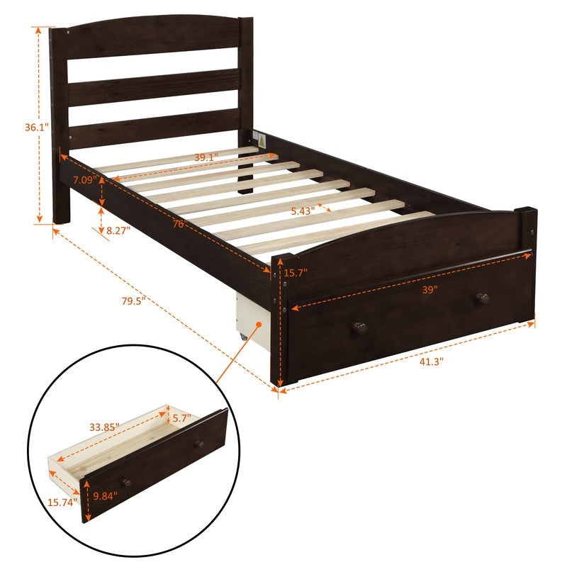 Twin Size Platform Bed with Large Storage Drawer, Solid Wood Bed with Wood Slat Support, No Box Spring Needed, Espresso