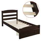 Twin Size Platform Bed with Large Storage Drawer, Solid Wood Bed with Wood Slat Support, No Box Spring Needed, Espresso