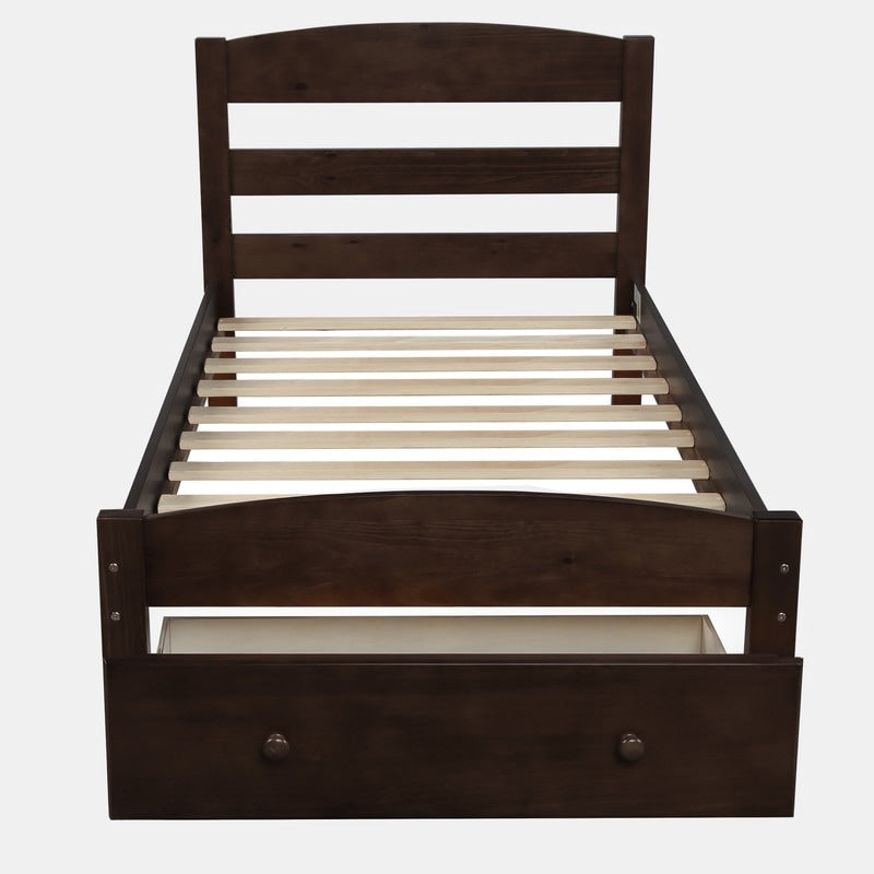 Twin Size Platform Bed with Large Storage Drawer, Solid Wood Bed with Wood Slat Support, No Box Spring Needed, Espresso