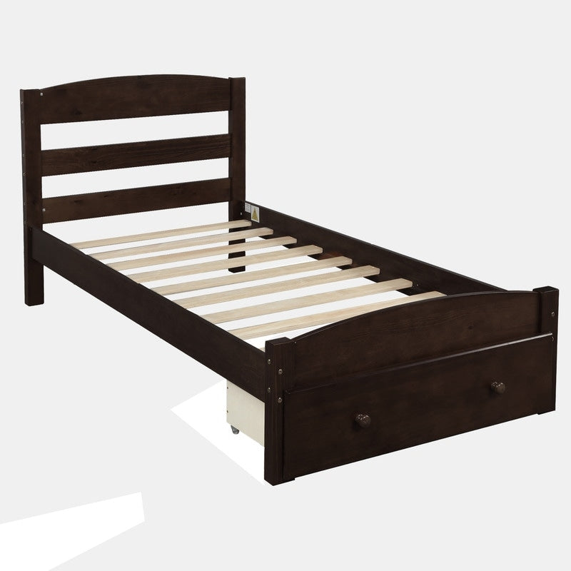Twin Size Platform Bed with Large Storage Drawer, Solid Wood Bed with Wood Slat Support, No Box Spring Needed, Espresso