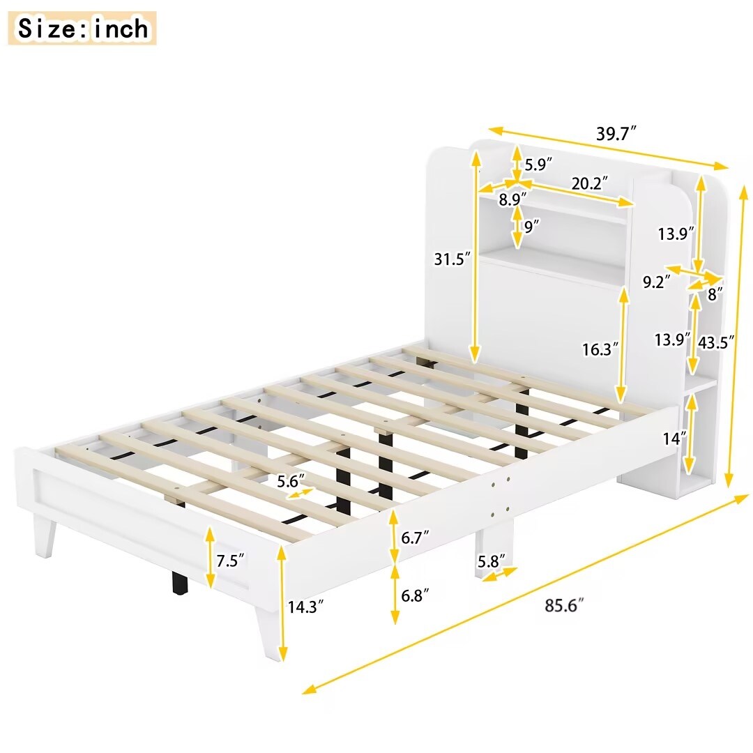 Twin Size Platform Bed with Storage Headboard,Multiple Storage Shelves