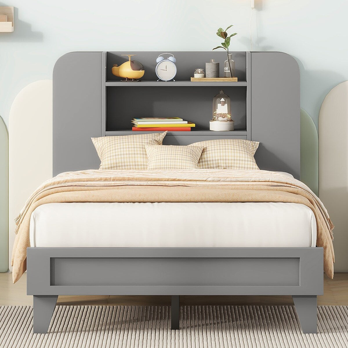 Twin Size Platform Bed with Storage Headboard,Multiple Storage Shelves