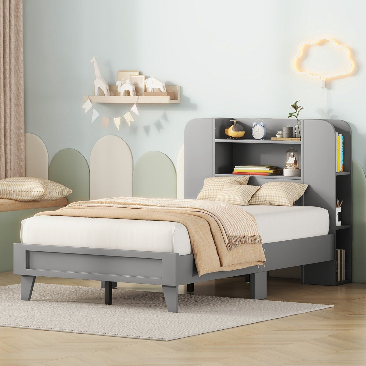 Twin Size Platform Bed with Storage Headboard,Multiple Storage Shelves