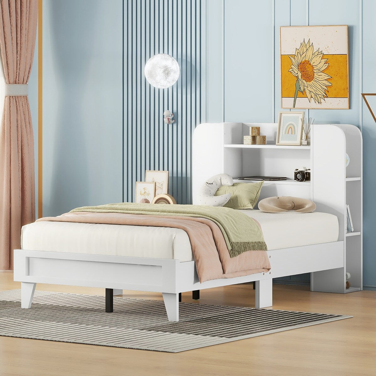 Twin Size Platform Bed with Storage Headboard,Multiple Storage Shelves