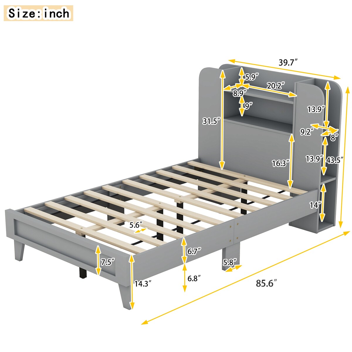 Twin Size Platform Bed with Storage Headboard,Multiple Storage Shelves