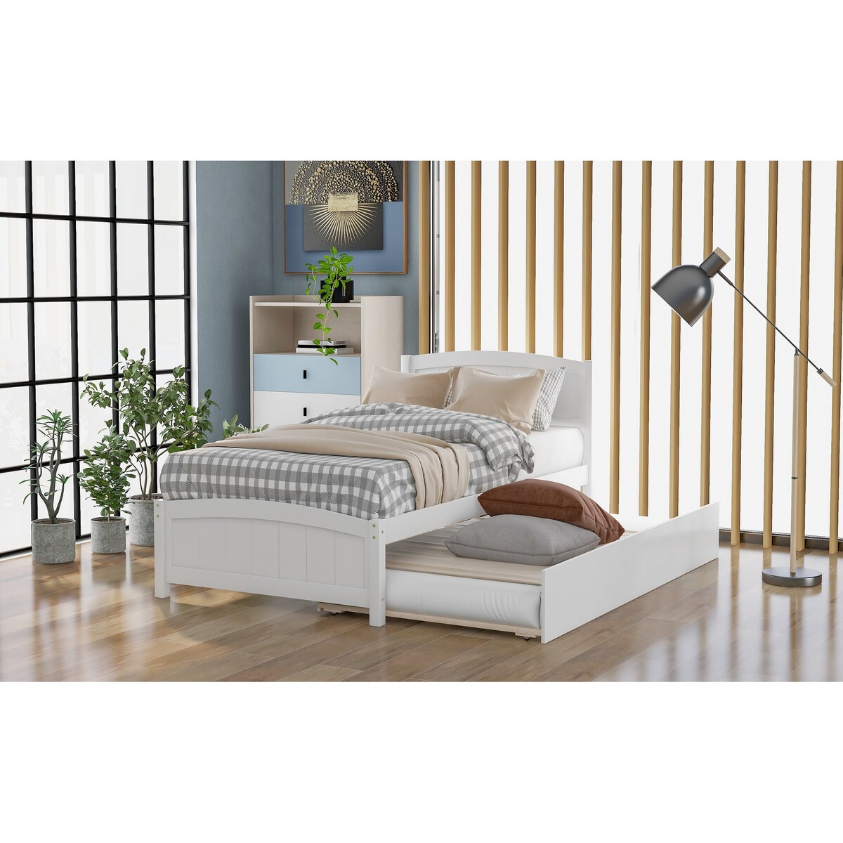 Twin Size Platform Bed with Twin Size Trundle, Solid Wood Slats Support
