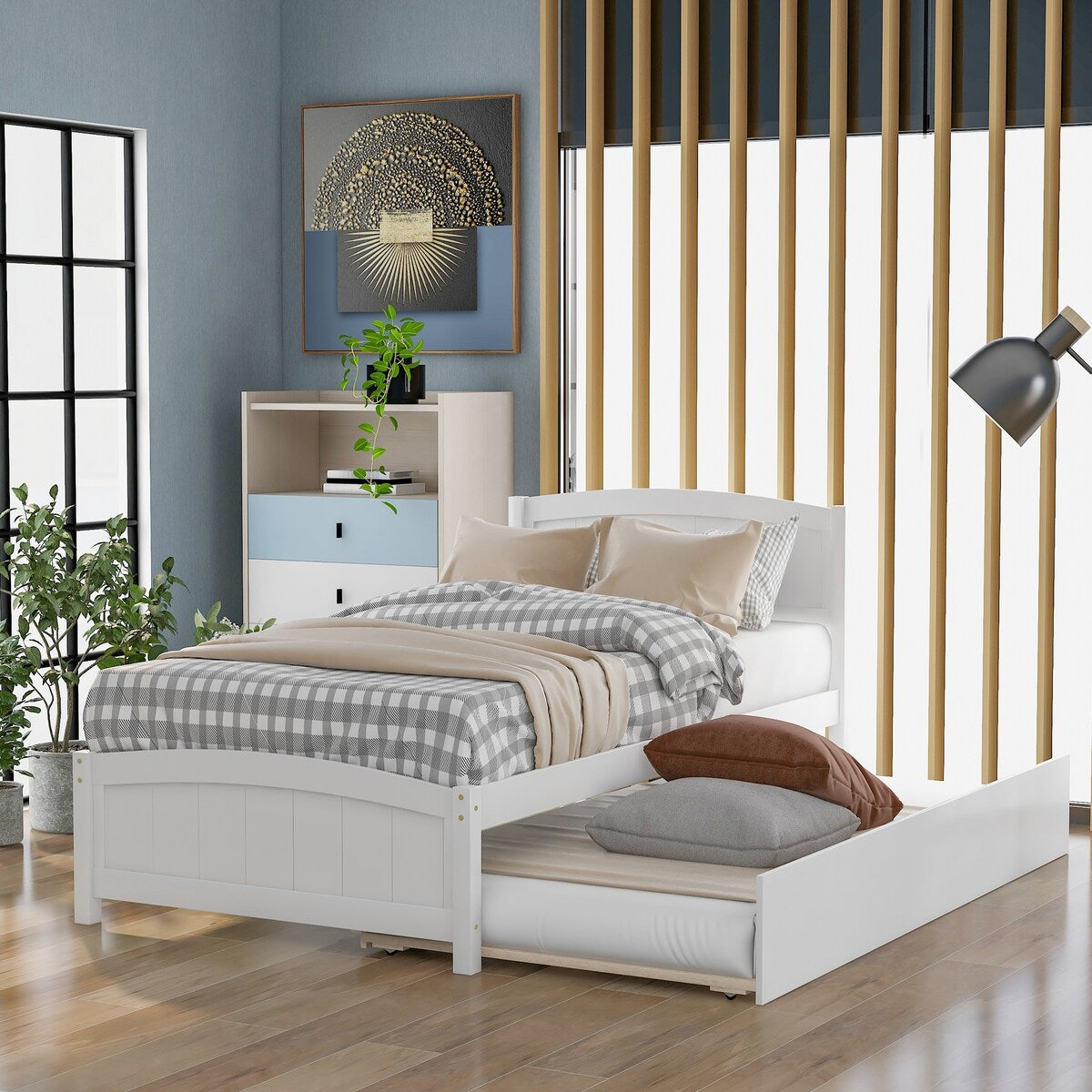 Twin Size Platform Bed with Twin Size Trundle, Solid Wood Slats Support