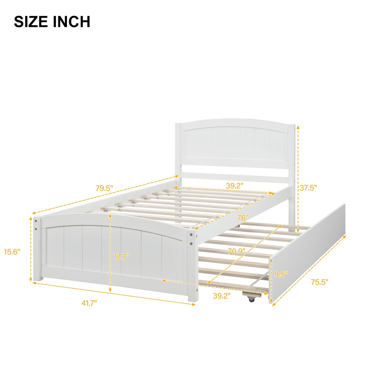 Twin Size Platform Bed with Twin Size Trundle, Solid Wood Slats Support