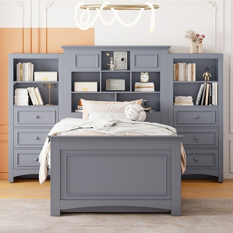 Twin Size Platform Bed with Vertical All-in-One Cabinet, Wooden Bed with 4 Storage Drawers on each side for Bedroom, Grey