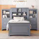Twin Size Platform Bed with Vertical All-in-One Cabinet, Wooden Bed with 4 Storage Drawers on each side for Bedroom, Grey