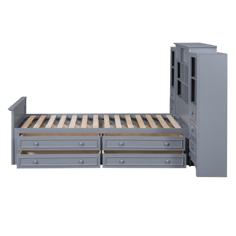 Twin Size Platform Bed with Vertical All-in-One Cabinet, Wooden Bed with 4 Storage Drawers on each side for Bedroom, Grey
