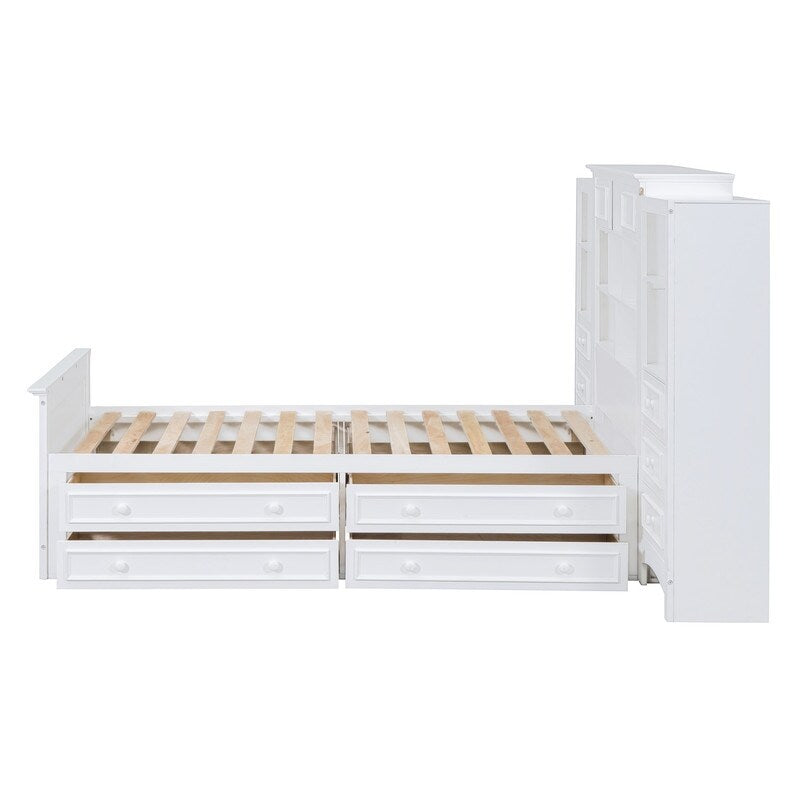 Twin Size Platform Bed with Vertical All-in-One Cabinet, Wooden Bed with 4 Storage Drawers on each side for Bedroom, Grey