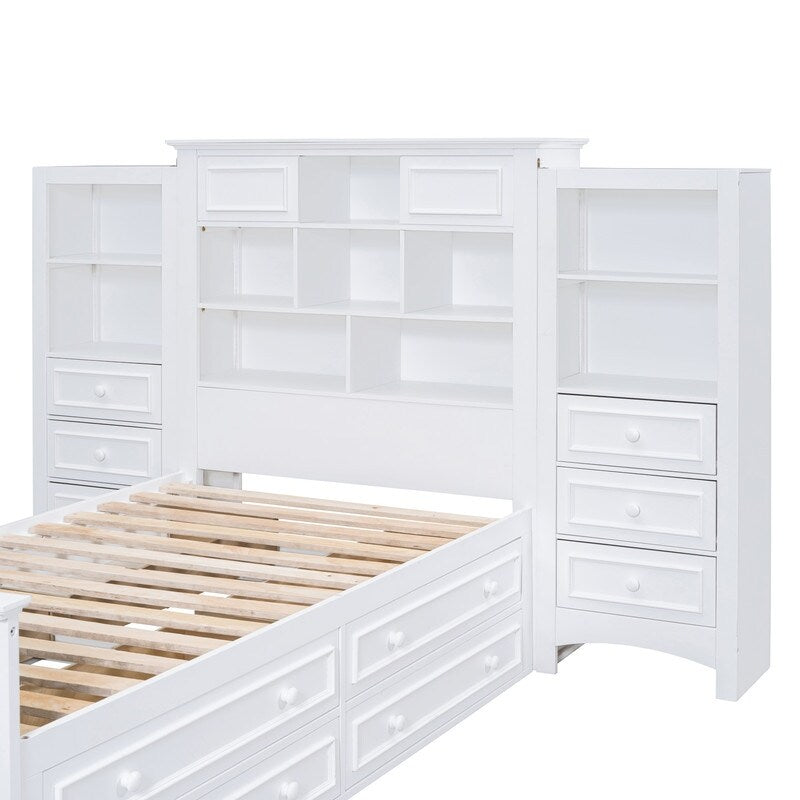 Twin Size Platform Bed with Vertical All-in-One Cabinet, Wooden Bed with 4 Storage Drawers on each side for Bedroom, Grey